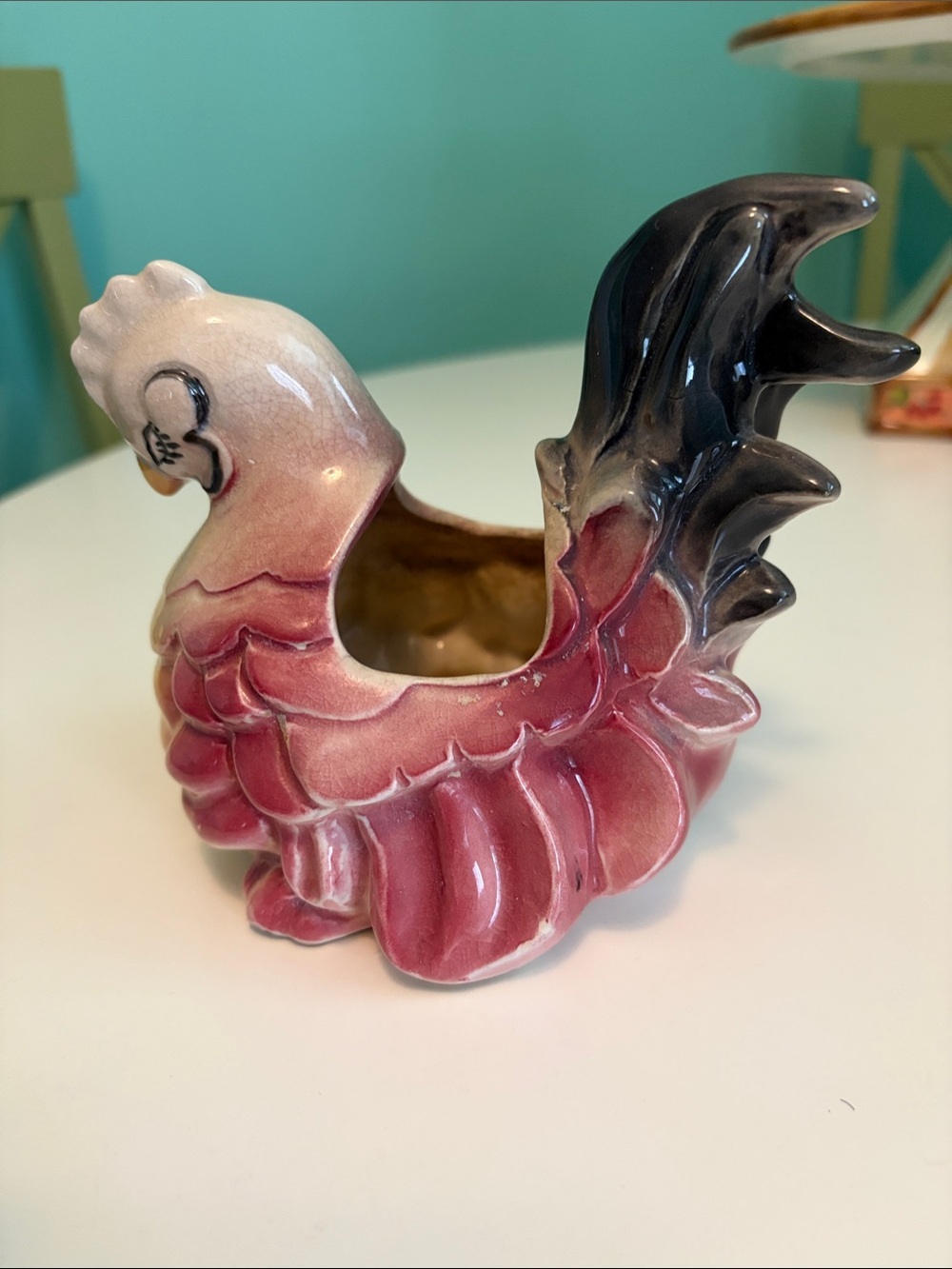 Vintage 50’s 60’s Colorful Ceramic Rooster Planter - Pink and Black Home Art